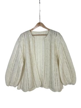 Wool and Alpaca IVORY Open-Front Knit Scallop edges Cardigan Balloon Sleeves